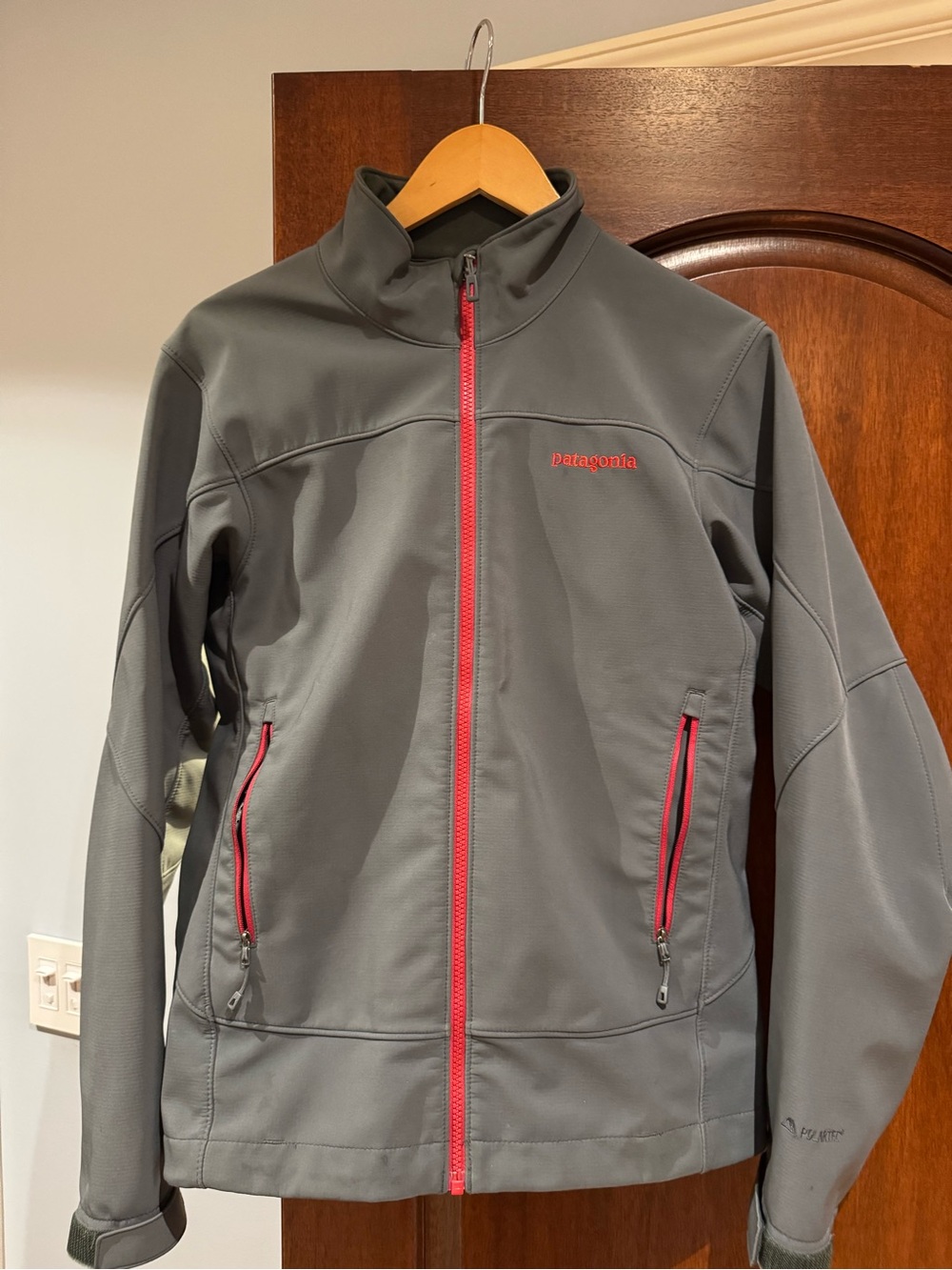 Patagonia Gray Softshell Jacket with Red Zippers